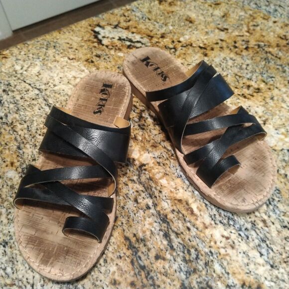 Korks Clemmons Strappy Slides Sandals Black Leather Cork Footbed Women's 8.5M - Picture 3 of 12
